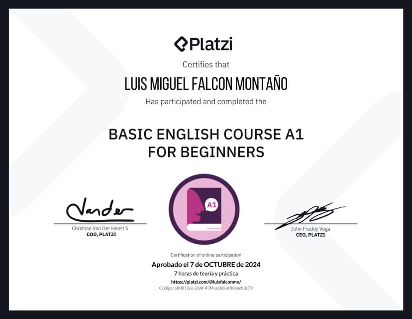 Certificate for Curso de Inglés Básico A1 para Principiantes