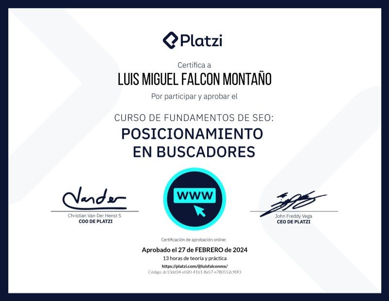 Certificate for Curso de Introducción a SEO: Posicionamiento en Buscadores