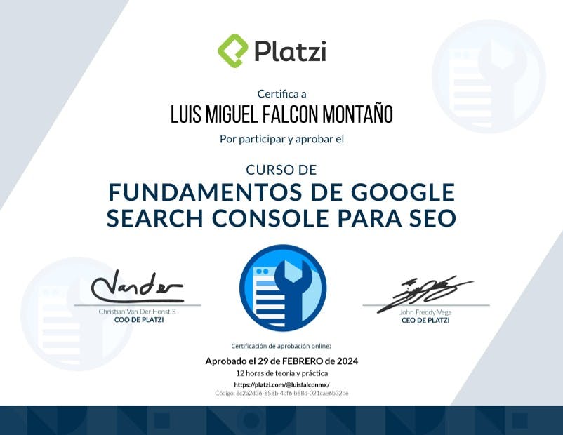 Certificate for Curso de Fundamentos de Google Search Console para SEO