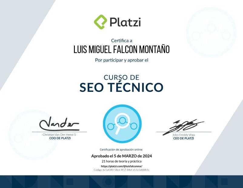 Certificate for Curso de Optimización de SEO Técnico