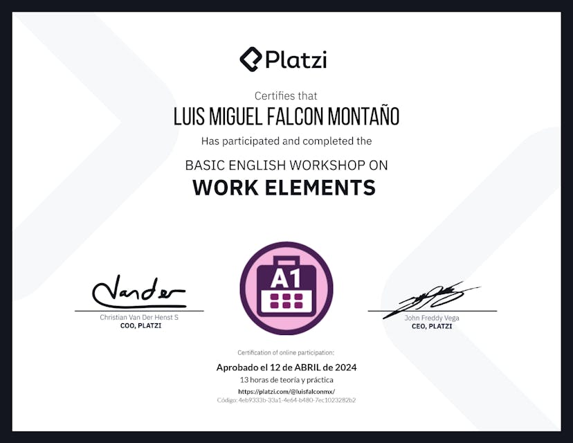 Certificate for Taller de Inglés Básico sobre Elementos de Trabajo