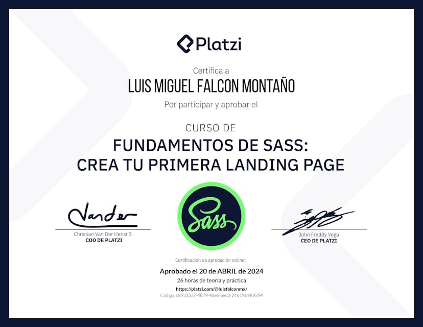 Certificate for Curso de Fundamentos de Sass: Crea tu Primera Landing Page