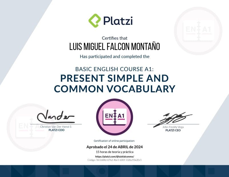 Certificate for Basic English Course A1: Present Simple And Common Vocabulary